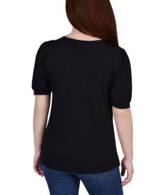 Petite Short Puff Sleeve Mesh Inset Top