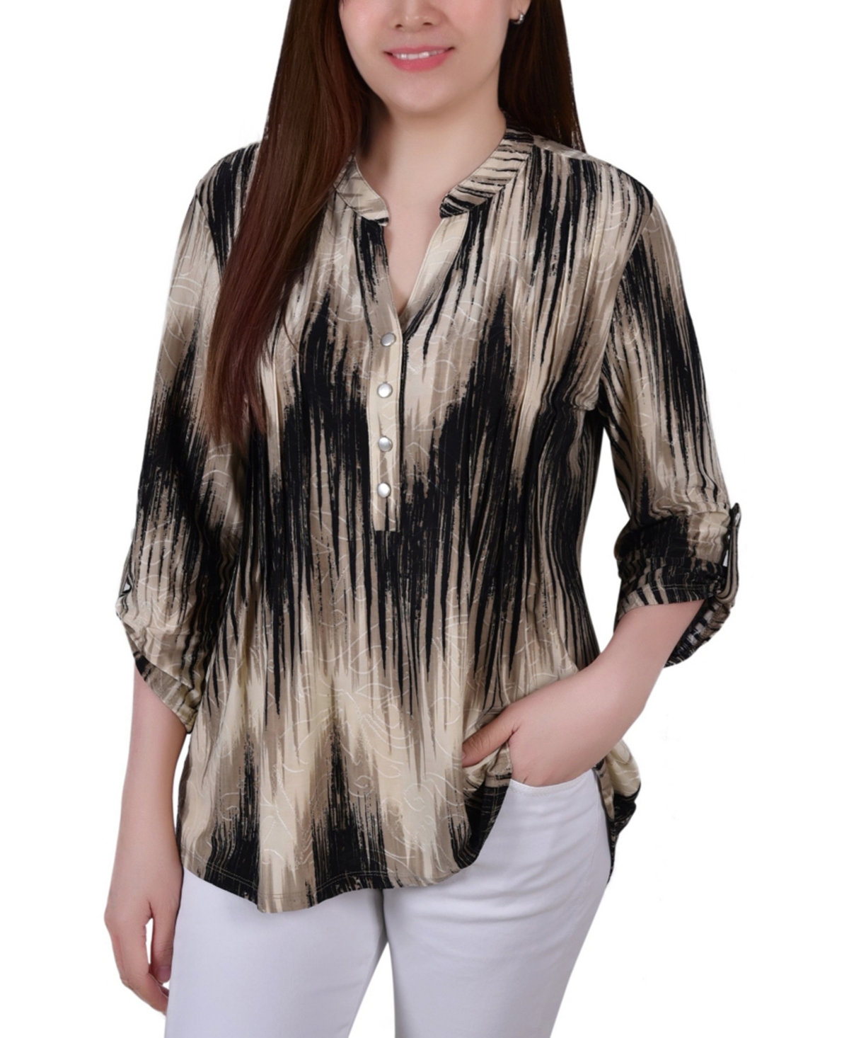 Ny Collection Women's 3/4 Roll Tab Sleeve Y-neck Top In Khaki Chevron
