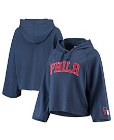 Women's Navy Philadelphia 76ers Chenille Logo Bell Sleeve Cropped Pullover Hoodie