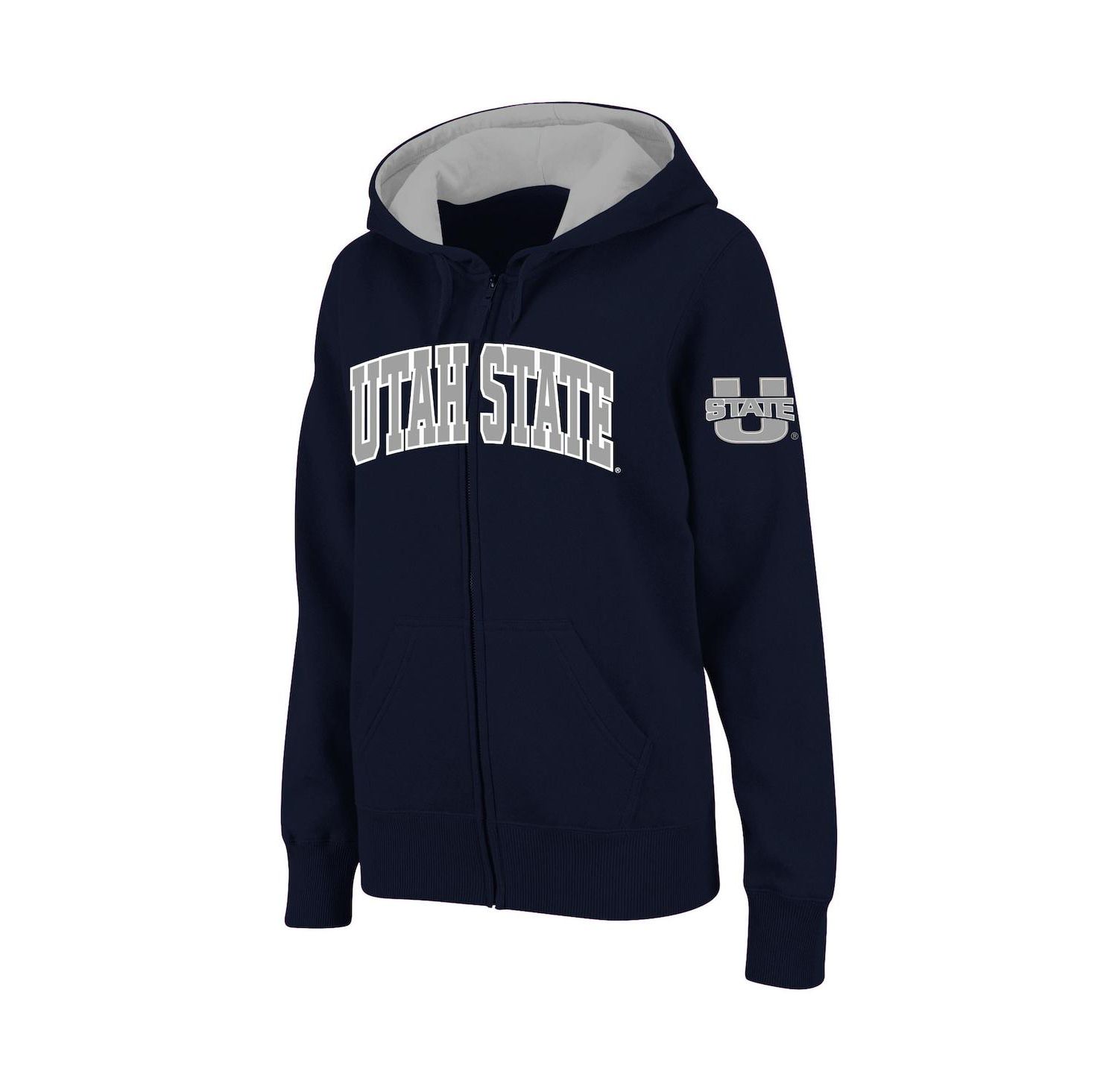 Women's Stadium Athletic Navy Utah State Aggies Arched Name Full-Zip Hoodie
