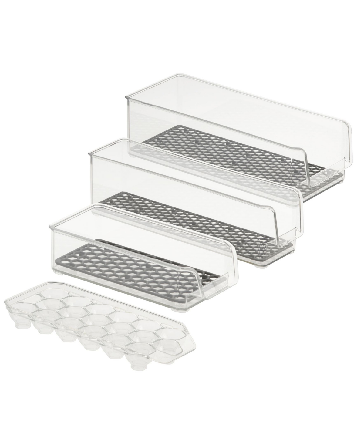 Spectrum Hexa In Fridge Organizers With 3 Stackable Refrigerator Bins And Egg Storage Tray Set, 4 Piece In Clear And Dark Gray