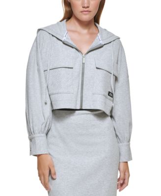 Dkny Jeans Drop Shoulder Ribbed Knit Zip Front Long Sleeve Cropped Hooded Jacket, Womens, L, Sidewalk Grey