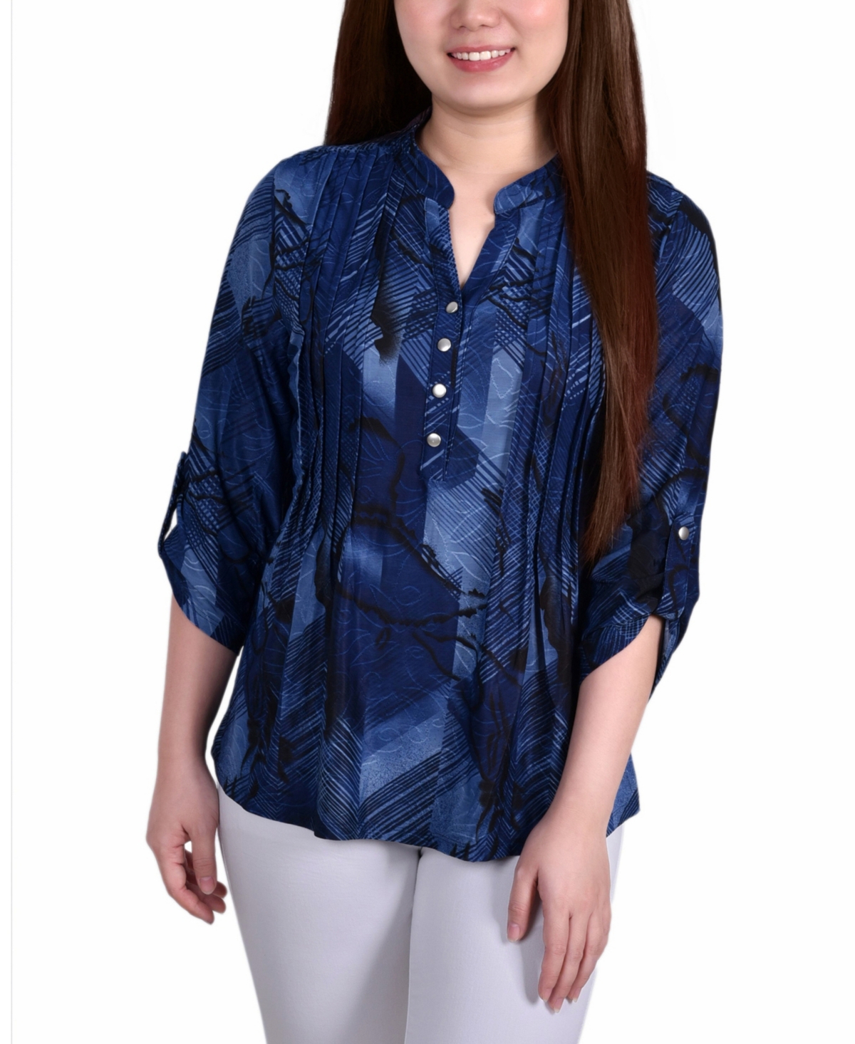 Ny Collection Women's 3/4 Roll Tab Sleeve Y-neck Top In Navy Chevron