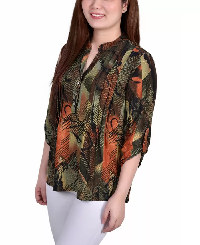 Women's 3/4 Roll Tab Sleeve Y-neck Top - thumbnail 6