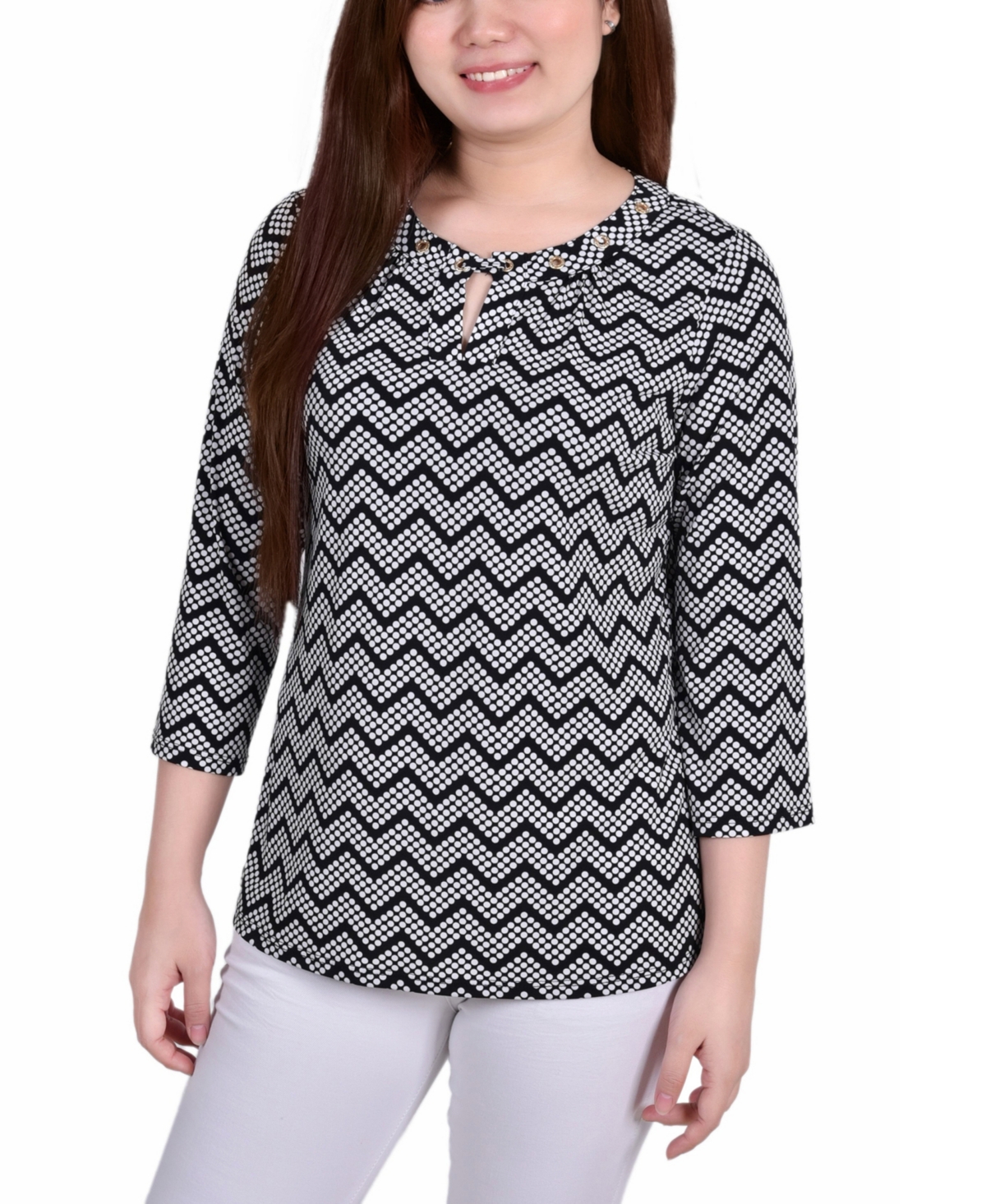 Ny Collection Women's 3/4 Sleeve Grommet Top In Black,white Zigzag Dot
