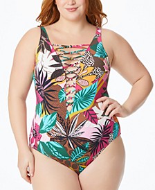 Plus Size Run Wild Printed Lace-Up One-Piece Swimsuit