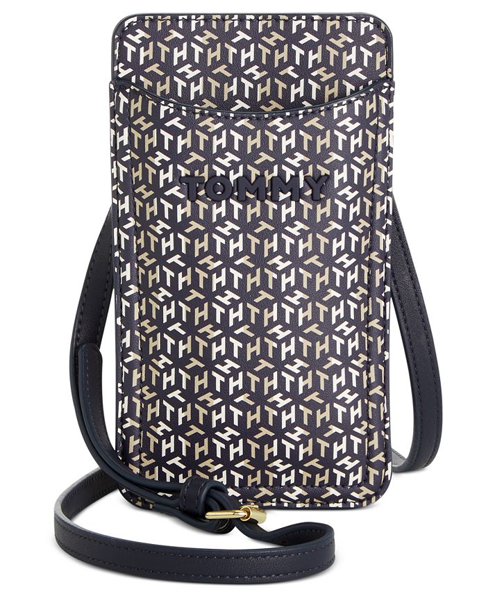 Tommy Hilfiger Monogram Crossbody Purse Handbag Black Gold-Tone Adjustable  Strap