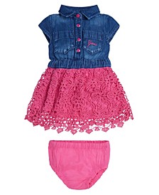 Baby Girls Denim and Lace Mixed Fabric Dress and Coordinating Diaper Cover, 2 Piece Set