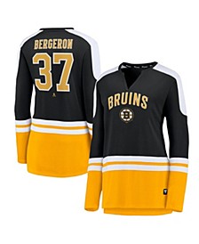 Women's Patrice Bergeron Black and Gold Boston Bruins Power Player Long Sleeve Notch Neck T-shirt