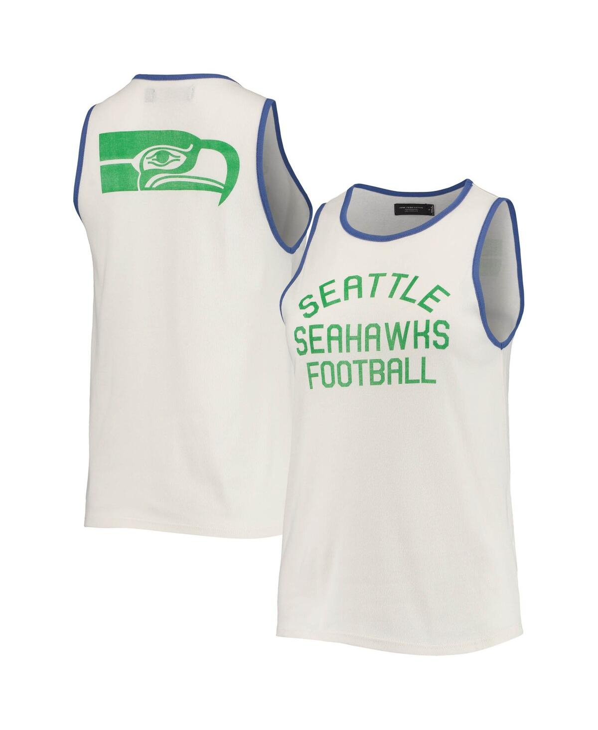Shop Junk Food Women's  White And Royal Seattle Seahawks Throwback Pop Binding Scoop Neck Tank Top In White,royal