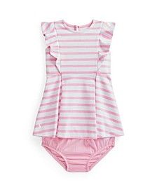 Baby Girls Striped Ruffled Ponte Dress and Bloomer Set, 2 Piece