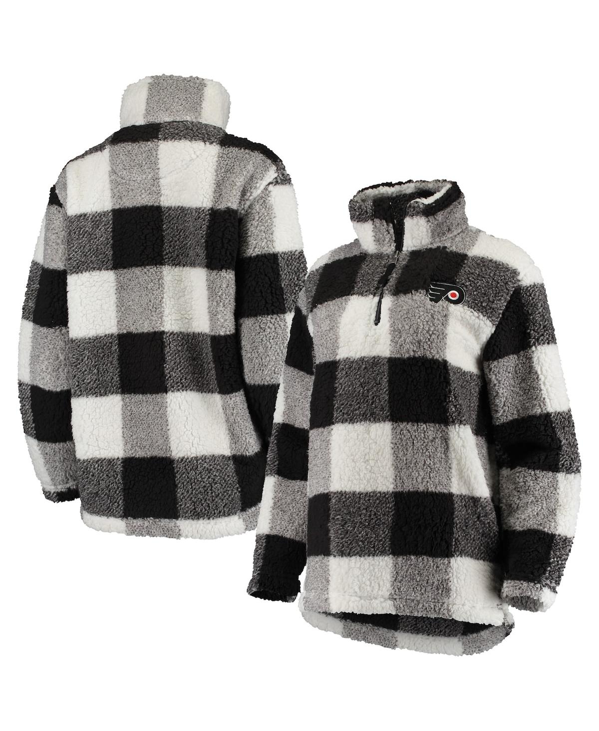 G-III 4HER BY CARL BANKS WOMEN'S BLACK AND WHITE PHILADELPHIA FLYERS PLAID SHERPA QUARTER-ZIP JACKET 