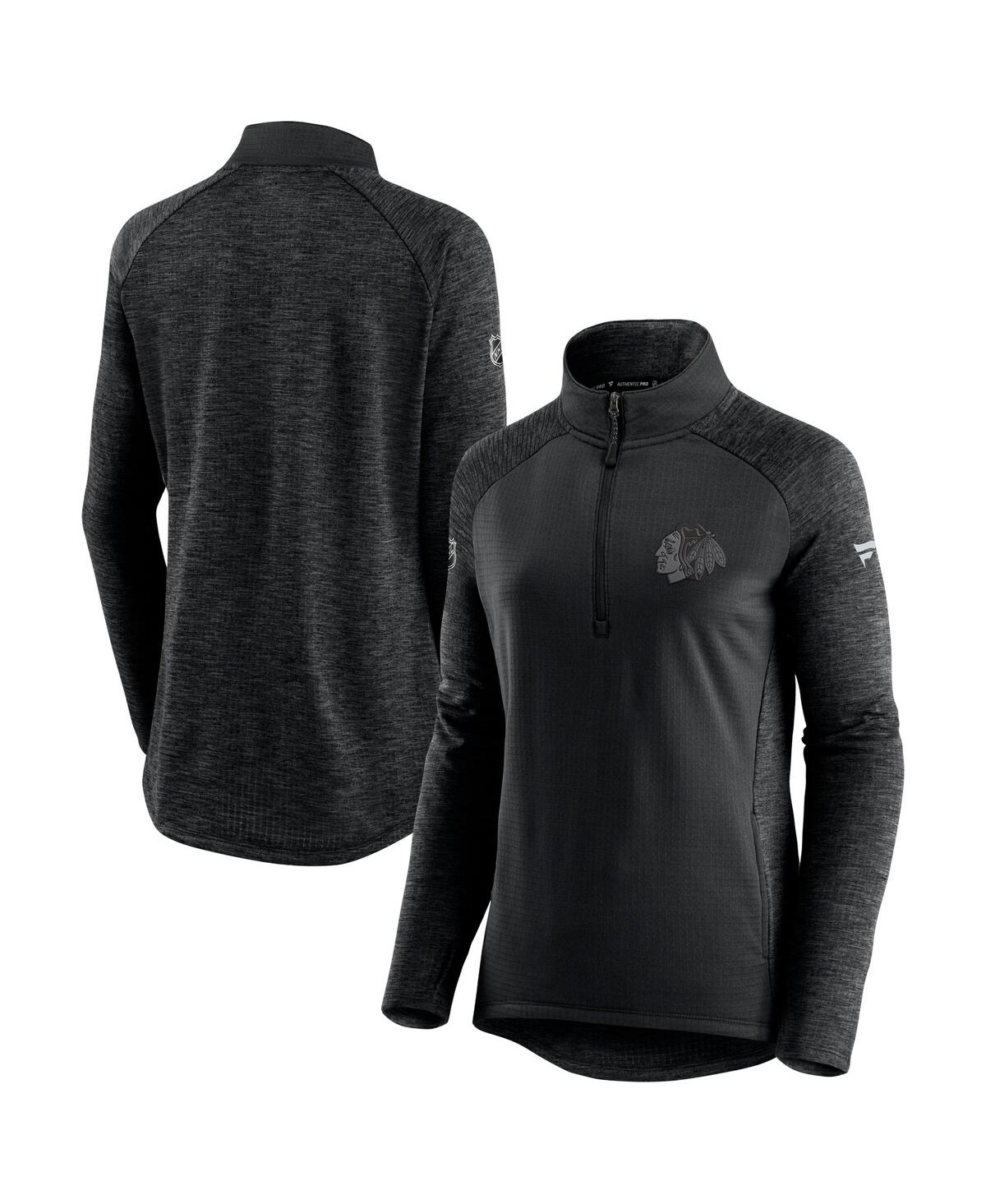 Women'sand Heathered Charcoal Chicago Blackhawks Authentic Pro Travel and Training Raglan Quarter-Zip Jacket - Black, Heathered Charcoal