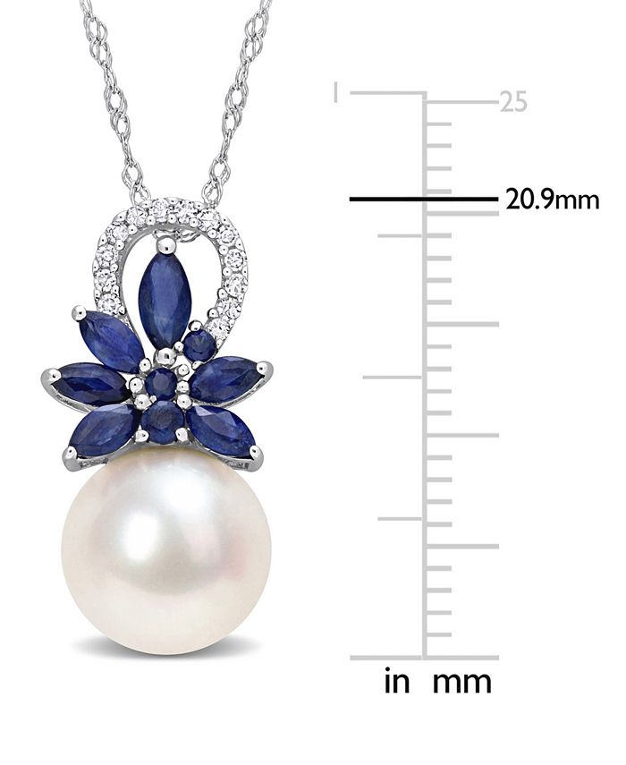 Macy's - Cultured Freshwater Pearl (9-1/2mm), Sapphire (3/4 ct. t.w.), & Diamond (1/20 ct. t.w.) 17" Pendant Necklace in 14k White Gold