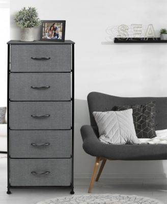 Narrow 5 Drawers Nightstand with Steel Frame, Wood Top, Easy Pull Fabric Bins