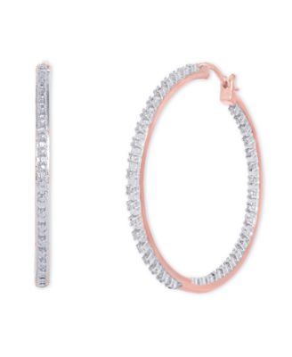 Diamond Accent Large Thin Hoop Earrings in Silver Plate or Rose Gold Plate