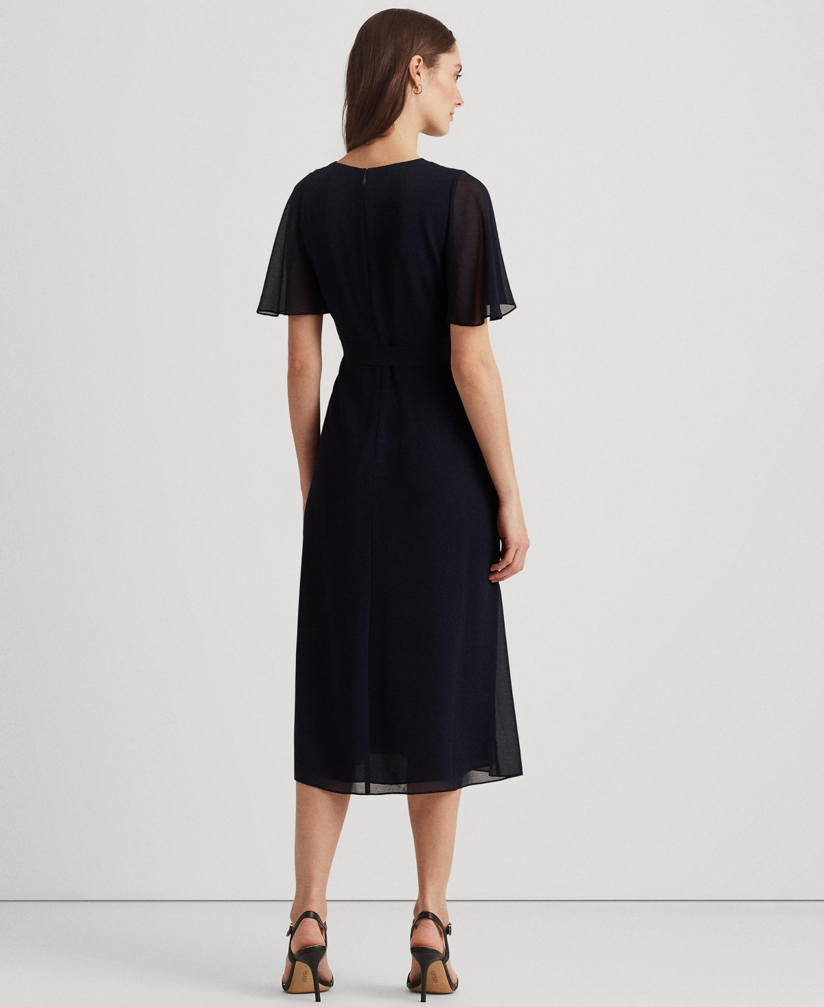 Ralph Lauren Women's Self-belt Roll-tab Sleeve Surplice Crepe Dress In Lighthouse Navy