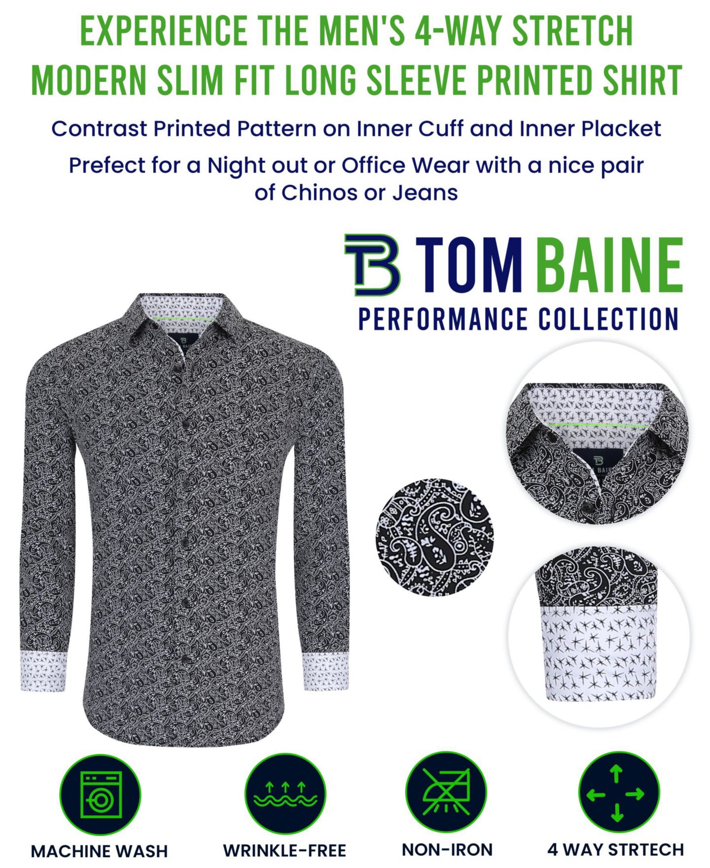 Мужская рубашка Tom Baine Slim Fit Performance Solid Button Down Shirt, цвет: Чёрный однотонный — фото 6