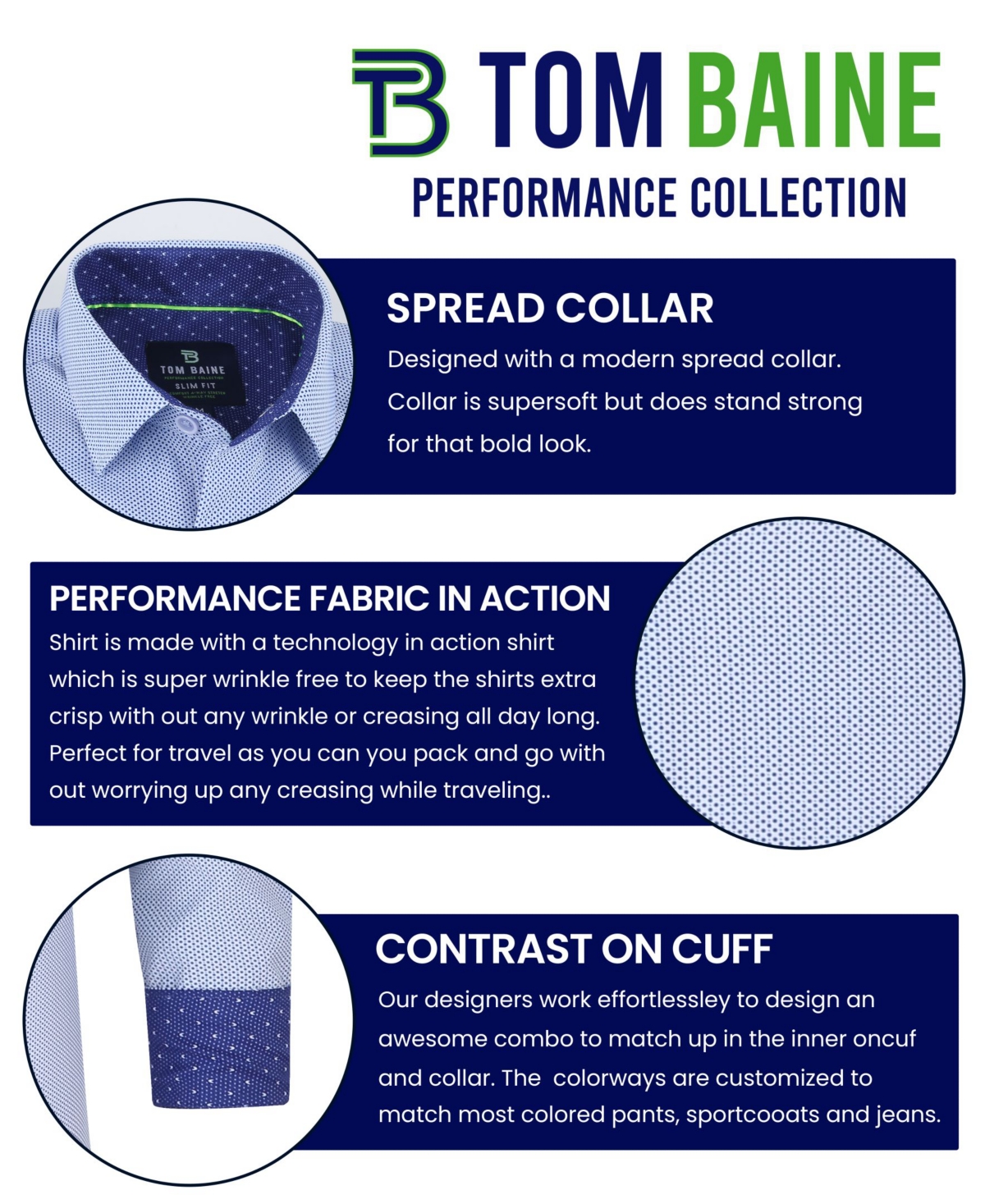 Tom Baine Men's Slim Fit Performance Solid Button Down Shirt