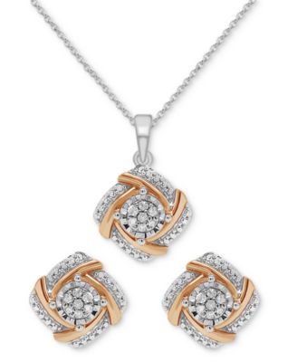Macy's - 2-Pc. Set Diamond Swirl Pendant Necklace & Matching Stud Earrings (1/6 ct. t.w.) in Sterling Silver & 14k Rose Gold-Plated