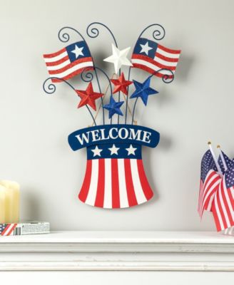 Wooden and Metal Patriotic Flags Yard Stake or Wall Decor Kd, Two Function, 30.25"