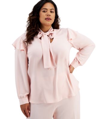 Bar III Plus Size Long Sleeve Tie Neck Blouse with Ruffle Shoulder