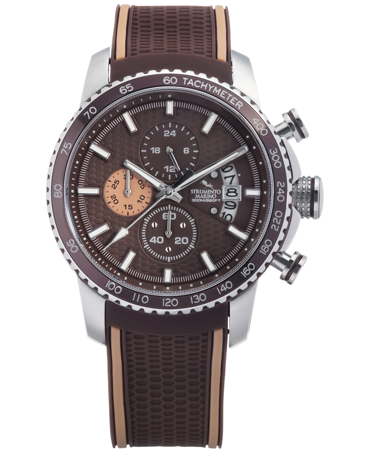 Strumento Marino Men's Chronograph Freedom Brown Perforated Silicone Strap Watch 45mm