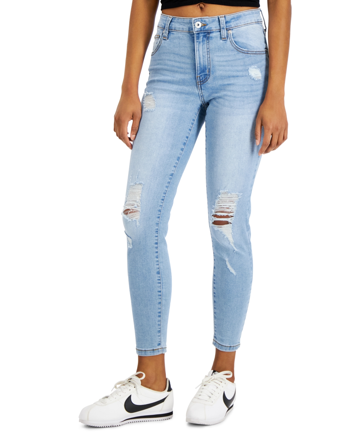 Shop Celebrity Pink Juniors' Curvy Distressed Skinny Ankle Jeans In Metallurgy