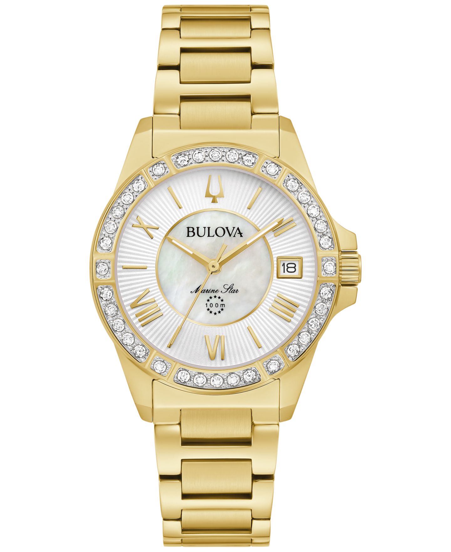 Женские часы Bulova Marine Star Diamond (1/10 ct. t.w.) Gold-Tone Stainless Steel Bracelet Watch 32mm — фото 1