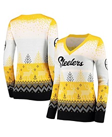 Women's White and Black Pittsburgh Steelers Ugly V-Neck Pullover Sweater