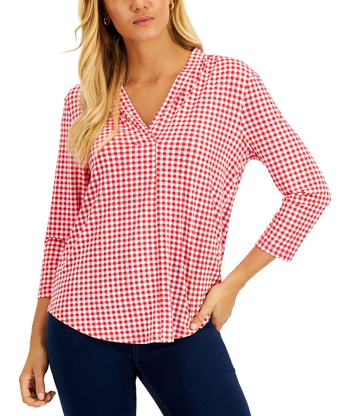 Charter Club Women's Gingham 3/4-Sleeve Top, Created for Macy's & Reviews -  Tops - Women - Macy's