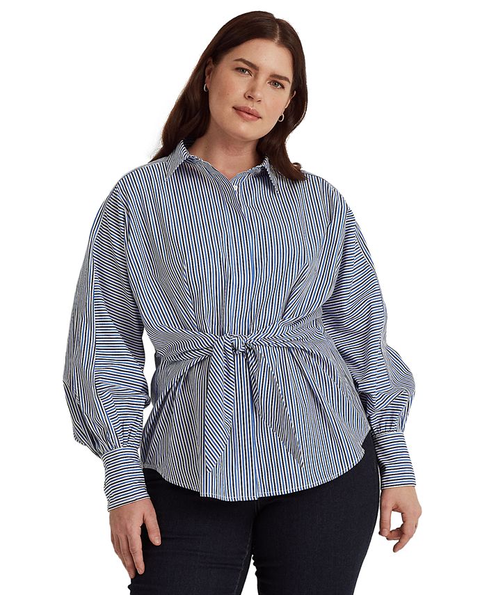 Lauren Ralph Lauren Plus-Size Tie-Front Cotton Broadcloth Shirt - Macy's
