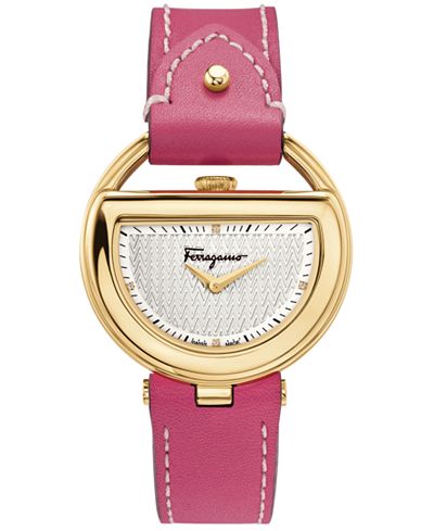 Ferragamo Women's Swiss Buckle Diamond Accent Fuchsia Leather Strap Watch 37mm FG5050014