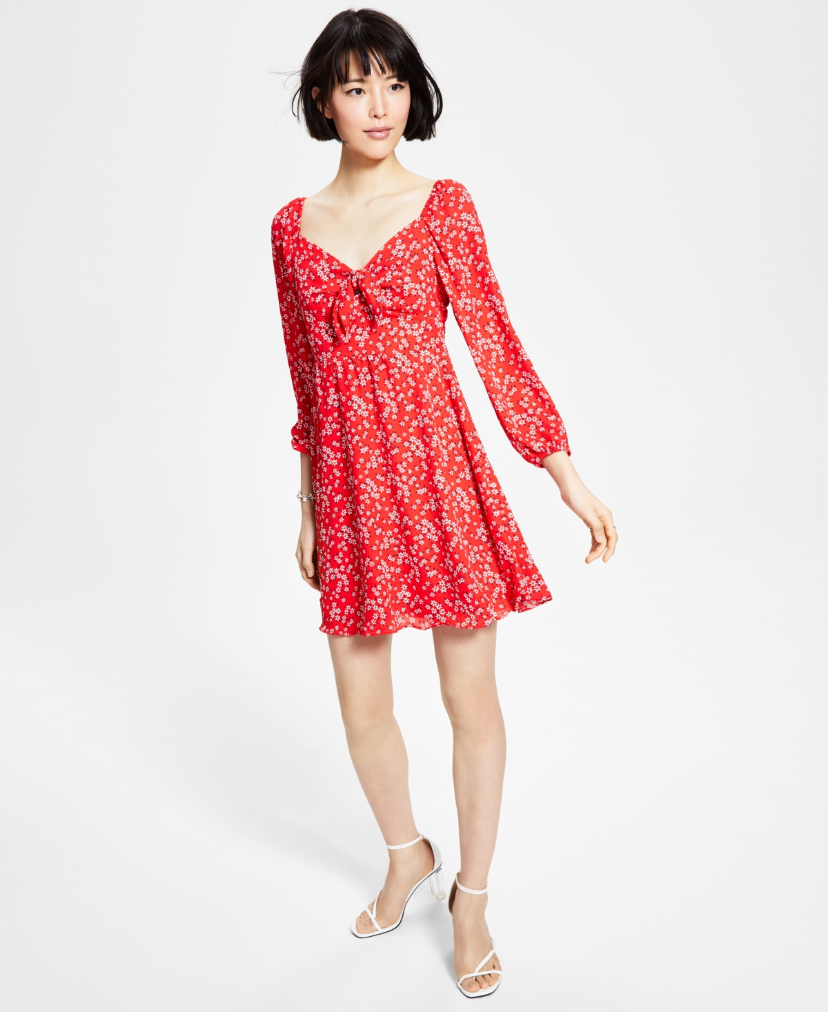 Bar Iii Women's Ditsy-print Tie-bust Dress, Created For Macy's In Aurora Red Floral