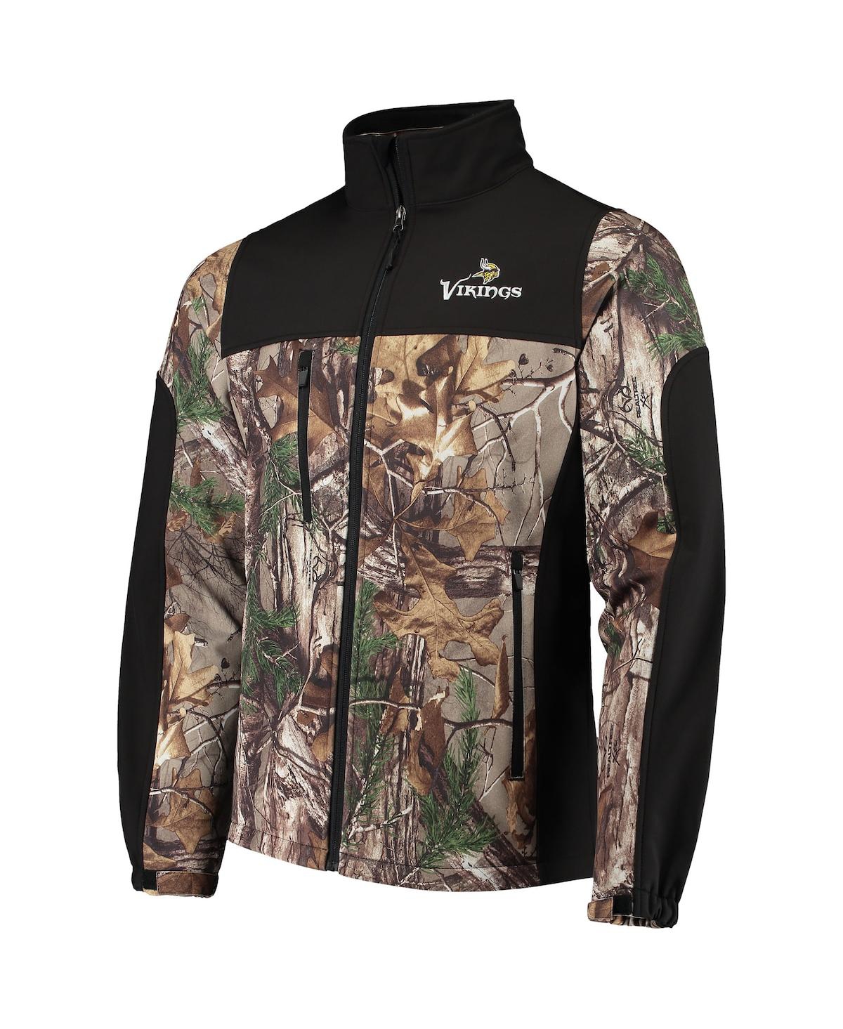 DUNBROOKE MEN'S DUNBROOKE REALTREE CAMO AND BLACK MINNESOTA VIKINGS CIRCLE HUNTER SOFTSHELL FULL-ZIP JACKET 
