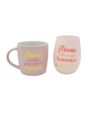 Mom Title Above Queen Mug and Mom Always Knows Best Stemless Wine Glass Set, 2 Pieces