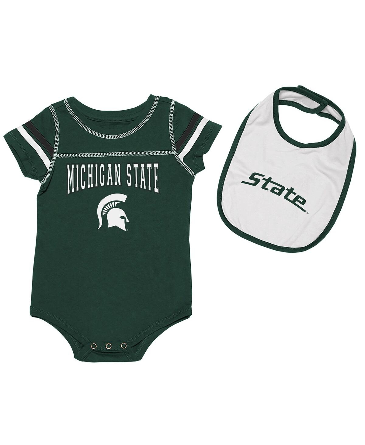 Colosseum Babies' Newborn And Infant Girls And Boys Green, White Michigan State Spartans Chocolate Bodysuit And Bib Se In Green,white