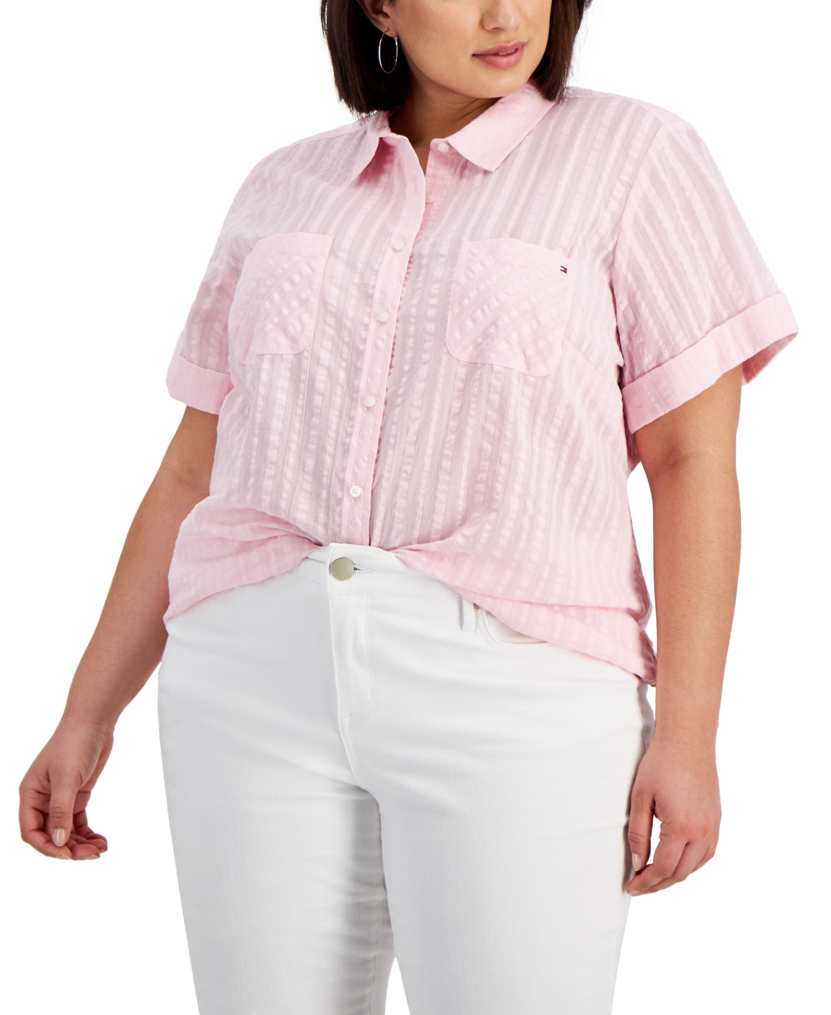 Tommy Hilfiger Plus Size Cotton Crinkled Striped Camp Shirt In Fairytale