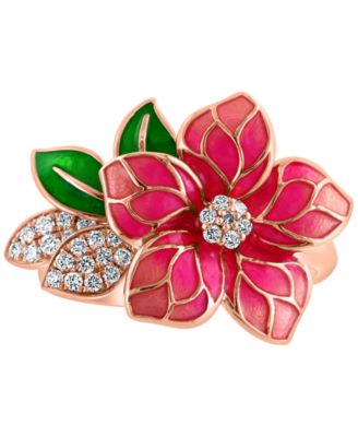 EFFY&reg; Pink & Green Enamel & Diamond Flower Ring (1/5 ct. t.w.) in 14k Rose Gold