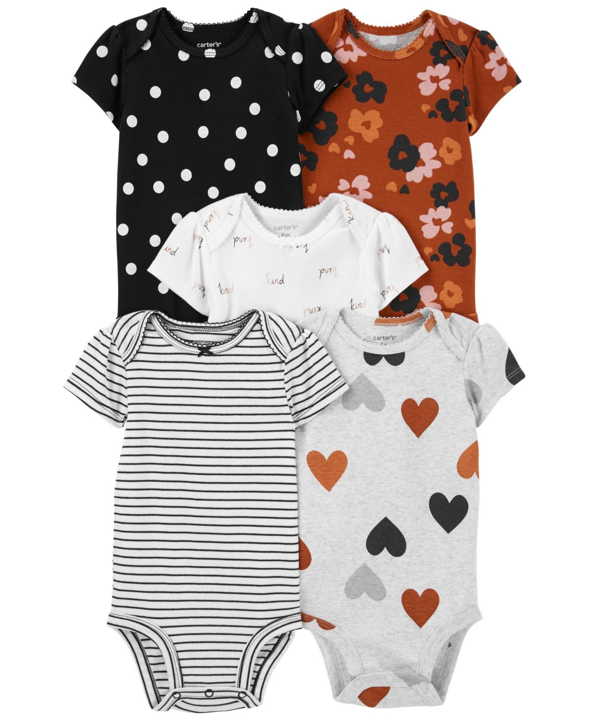 Carter's Baby Girl 5-pack Multi-pattern Short-sleeve Bodysuits In Brown/black