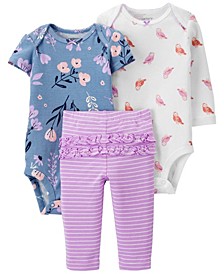 Baby Girls 3-Piece Cotton Bodysuits & Pants Set 