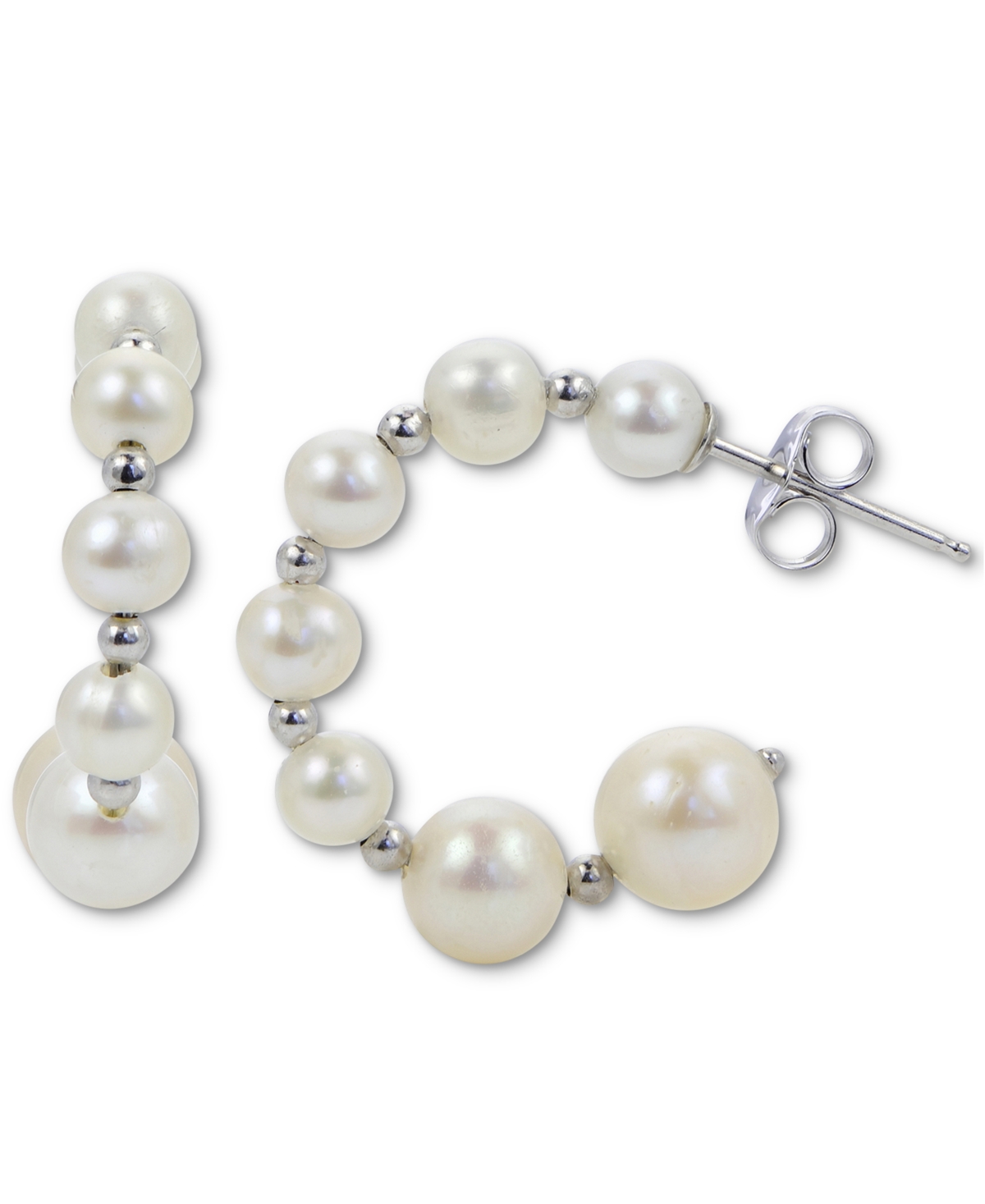 Macy's Cultured Freshwater Pearl (4-8mm) & Polished Bead Graduated Hoop Earrings In Sterling Silver