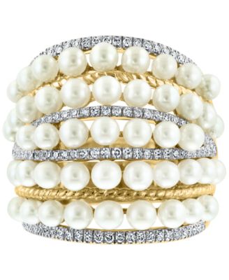 EFFY&reg; Cultured Freshwater Pearl (4mm) & Diamond (3/8 ct. t.w.) Multirow Statement Ring in 14k Gold