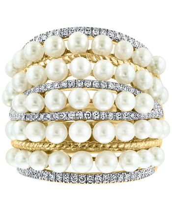 EFFY Collection - Cultured Freshwater Pearl (4mm) & Diamond (3/8 ct. t.w.) Multirow Statement Ring in 14k Gold