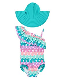 Baby Girls One Shoulder Swimsuit with Hat, 2-Piece Set