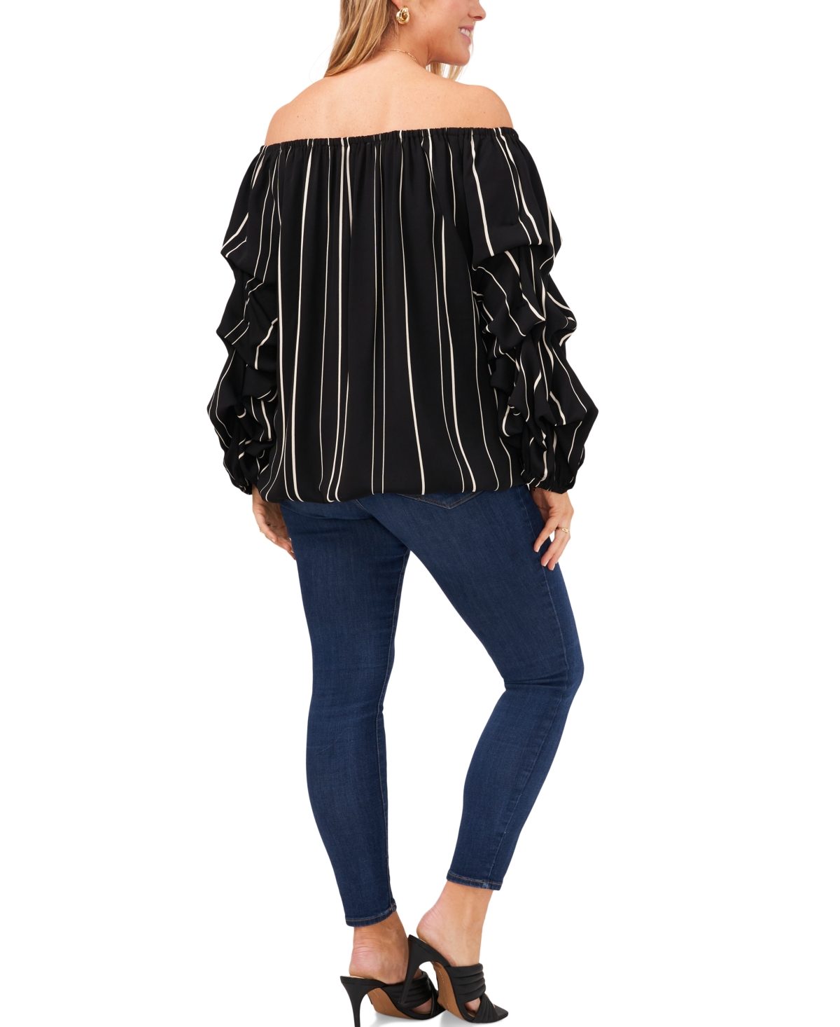 VINCE CAMUTO PLUS SIZE STRIPED OFF-THE-SHOULDER BUBBLE 3/4-SLEEVE TIE-FRONT BLOUSE 