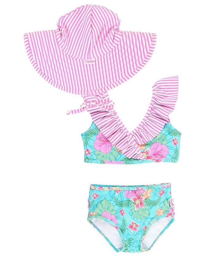 RuffleButts Baby Girls Ruffled Bikini Swimsuit with Hat, 3Piece Set