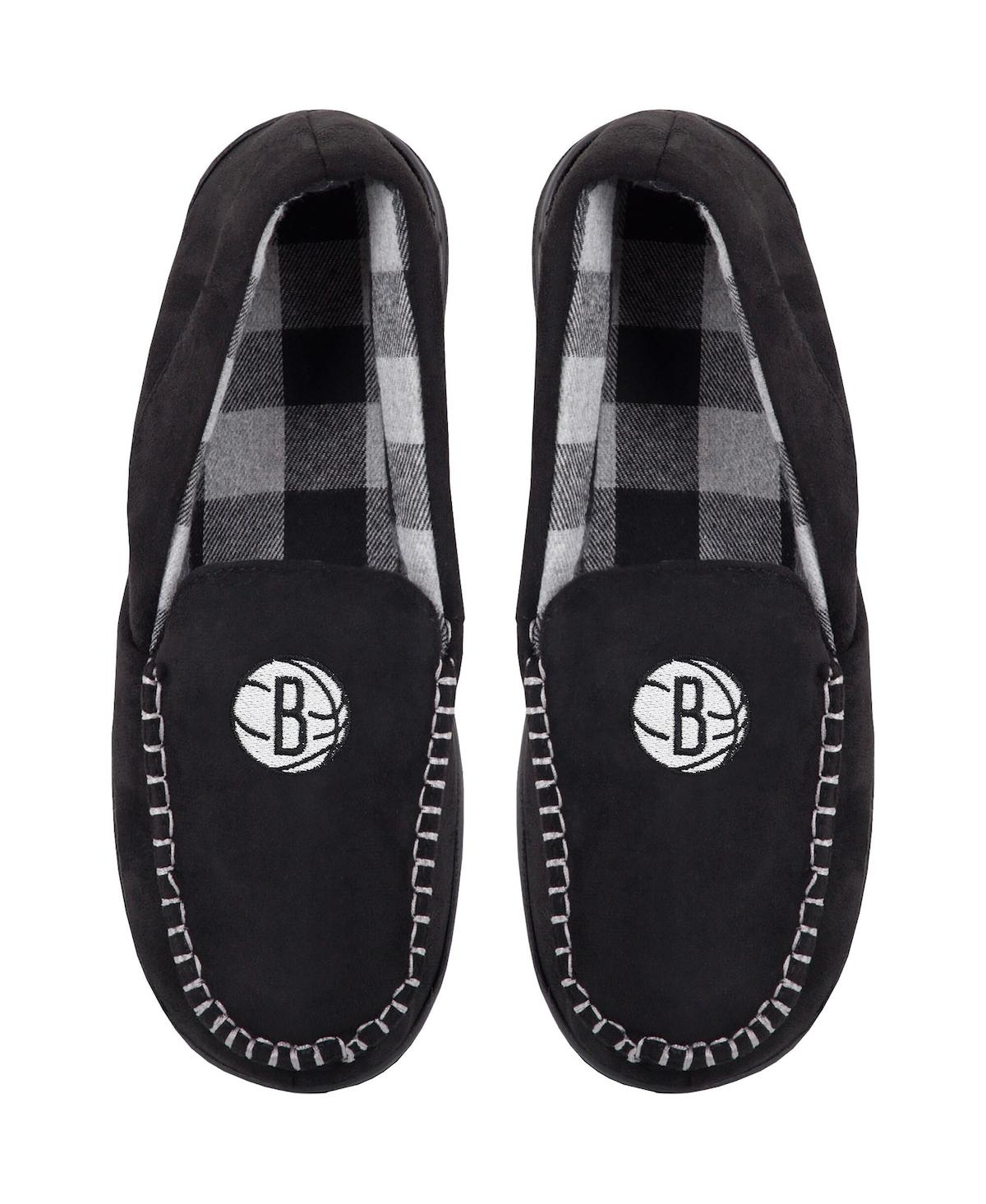 Men's Foco Brooklyn Nets Team Logo Flannel Moccasin Slippers - Black