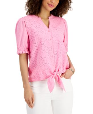 Charter Club Tie-Hem Puff-Sleeve Blouse 