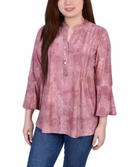 Petite 3/4 Bell Sleeve Printed Pleat Front Y-neck Top - Mauve Tie Dye